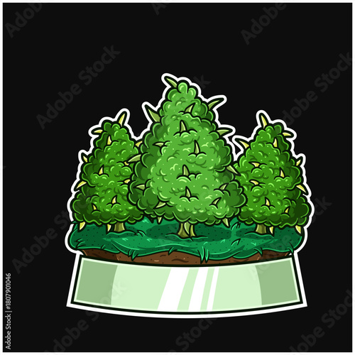 Cartoon logo of 3 marijuana plants on grass with a blank sign. Perfect For Sticker, Label, Cover, Packaging, tshirt, business merchandise and Product Design.