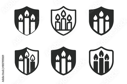 Candle Protection Icons. Candle magic. Icon set. Set Logo of protection spell: triple candle arrangement with aura shield. harmonious logo variations of the