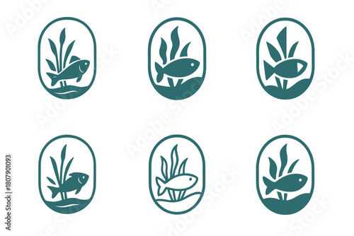 Aquatic Balance Icons. Freshwater lakes with crystal-clear water. Icon set. Set Logo of aquatic balance: fish swimming around reeds. harmonious logo variations