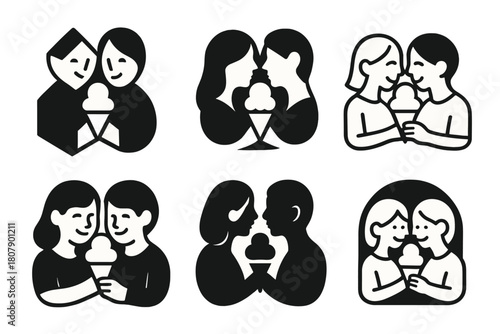 Simple Joys Icons. Couples Enjoying the Simple Things in Life Together. Icon set. Set Logo of Simple Joys: Picnic Together. harmonious logo variations of the