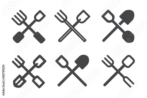 Farm Tool Emblems. Family farm life and traditional agricultural practices. Icon set. Set Logo of rural tools: pitchfork and shovel crossed. harmonious logo