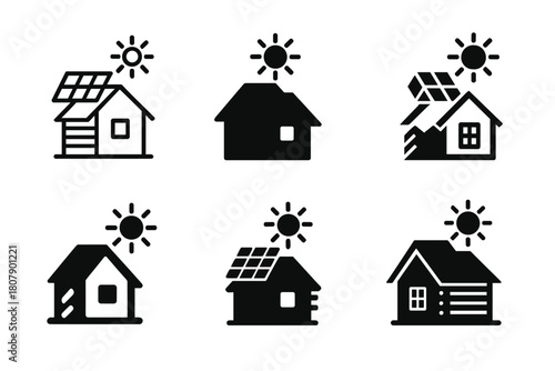 Eco-Lodge Logo Variations. Themed eco-lodges and off-grid retreats. Icon set. Set Logo of themed eco-lodges and off-grid retreats: solar-powered cabin.