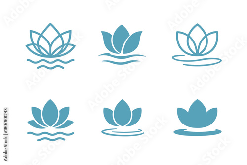 Eco Serenity Logos. Freshwater lakes with crystal-clear water. Icon set. Set Logo of eco serenity: lotus floating on still water. harmonious logo variations of