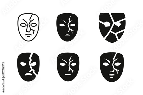 Shattered Mask Emblems. Breaking stereotypes. Icon set. Set Logo of Breaking stereotypes: shattered mask symbolizing identity. harmonious logo variations of