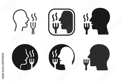 Taste Sensation Icons. How we taste food. Icon set. Set Logo of how we taste food: brain and tongue connection. harmonious logo variations of the