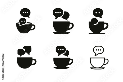 Conversation Starter Icons. Conversation starters. Icon set. Set Logo of Conversation starters: coffee cup with chat bubbles rising. harmonious logo variations