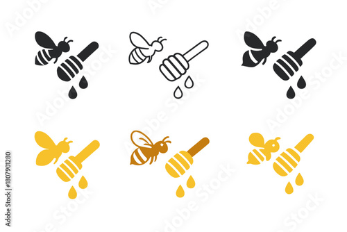 Bee Iconography Set. Bees and pollination. Icon set. Set Logo of Bees and pollination: honey dipper and droplets. harmonious logo variations of the same