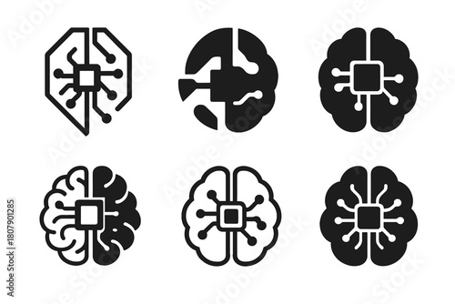Neural Interface Icon Set. DIY biohacking and body modification. Icon set. Set Logo of neural interface: brain with microchip node. harmonious logo variations