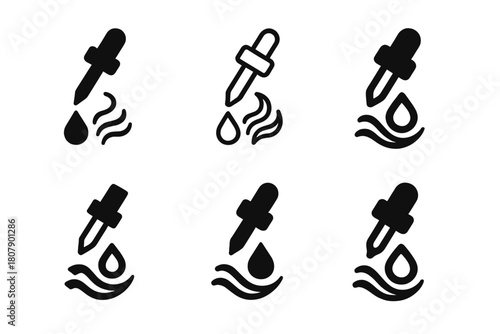 Handmade Candle Icons. Handmade candles and soap making. Icon set. Set Logo of essential oils: dropper with aroma wave lines. harmonious logo variations of the