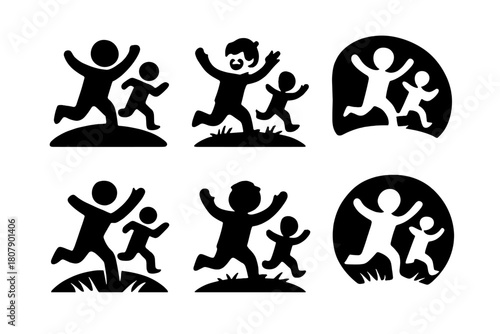Playful Kids Logos. Chasing kids in the yard. Icon set. Set Logo of Chasing kids in the yard: waving hands in play. harmonious logo variations of the same