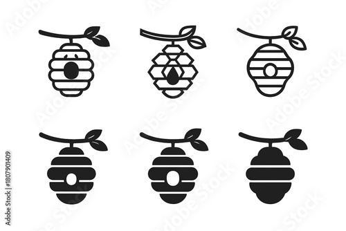 Bee Logo Variations. Bees and pollination. Icon set. Set Logo of Bees and pollination: beehive hanging from branch. harmonious logo variations of the same