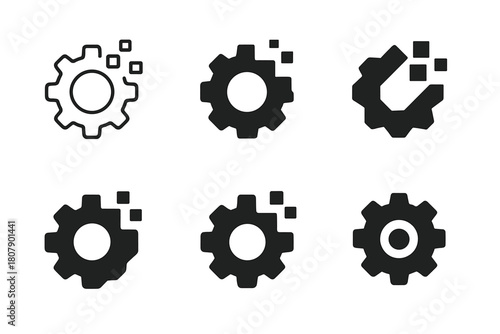 Digital Innovation Icons. Digital transformation in business. Icon set. Set Logo of innovation process: gear with digital pixels. harmonious logo variations of
