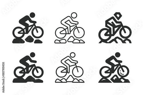 Mountain Bike Icons. Mountain biking down a rocky trail. Icon set. Set Logo of mountain biking: wheel over stones. harmonious logo variations of the same