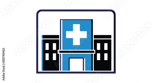 Vector illustration of a hospital building with icons and medical tools, presented in a blue and white color scheme on a white background. Perfect for healthcare presentations, medical