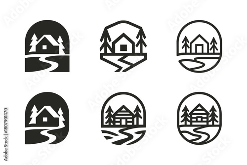 Eco-Lodge Logo Collection. Themed eco-lodges and off-grid retreats. Icon set. Set Logo of themed eco-lodges and off-grid retreats: riverside eco-cabin.