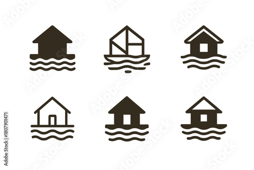 Eco-Lodge Logo Variations. Themed eco-lodges and off-grid retreats. Icon set. Set Logo of themed eco-lodges and off-grid retreats: solar-powered cabin.
