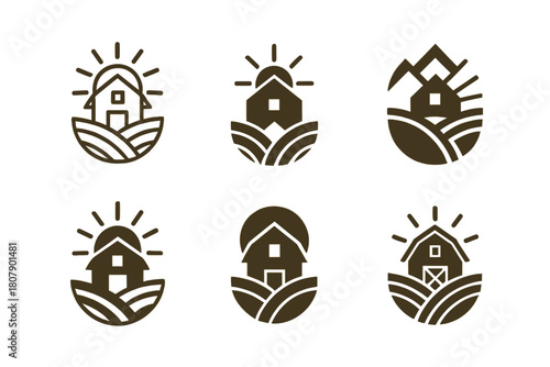 Farmhouse Logo Variations. Family farm life and traditional agricultural practices. Icon set. Set Logo of farmhouse: barn with sunrise behind. harmonious logo
