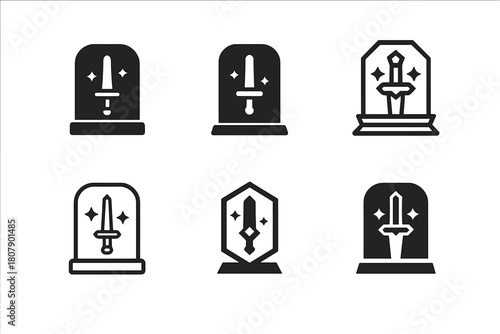 Modern Mythology Icons. Fantasy and mythology in modern settings. Icon set. Set Logo of ancient relic: glowing sword in glass case. harmonious logo variations