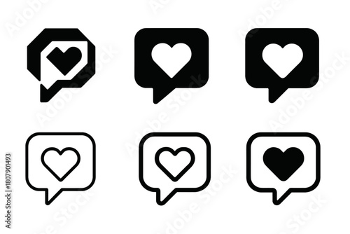 Digital Content Icons. Digital content creation (YouTube, TikTok). Icon set. Set Logo of Digital content creation (YouTube, TikTok): comment bubble with heart.