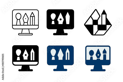 Digital Creation Icons. Digital content creation services. Icon set. Set Logo of Digital content creation services: computer with creative tools. harmonious