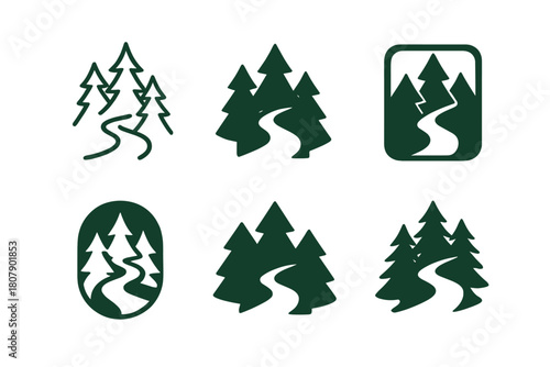 Nature Trail Logos. Hiking and exploring nature trails. Icon set. Set Logo of hiking and exploring nature trails: binoculars with soaring bird. harmonious logo