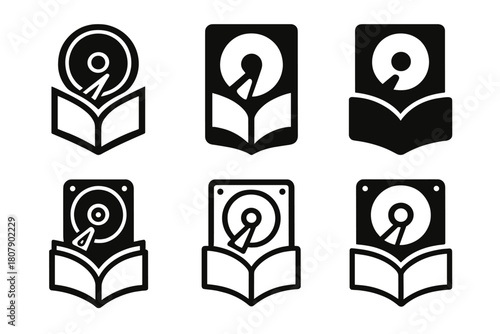 Digital Archiving Icons. Cultural, historical, and scientific preservation efforts. Icon set. Set Logo of digital archiving: hard drive symbol. harmonious logo