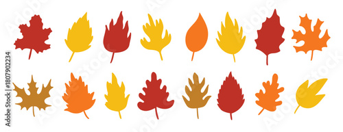 silhouette autumn leaves, yellow, orange and red herbal elements. fall simple leaves. silhouettes of autumn botanical flat isolated leaves