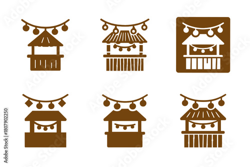 Tiki Bar Logo Set. Tropical tiki bar setup and decoration. Icon set. Set Logo of Tropical tiki bar setup and decoration: hanging string lights. harmonious logo