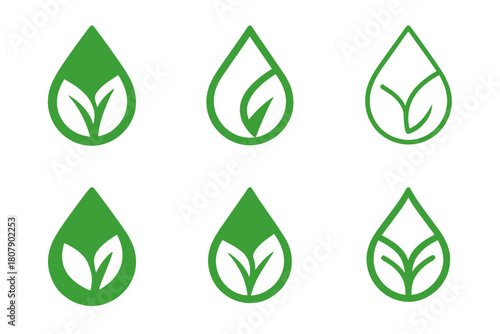 Eco Label Variations. Green label design with eco vibes. Icon set. Set Logo of green label design with eco vibes: water droplet leaf. harmonious logo