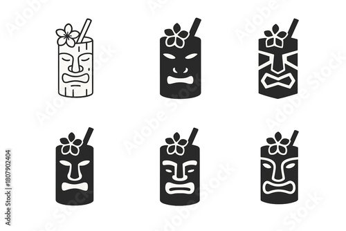 Tiki Bar Logos. Tropical tiki bar setup and decoration. Icon set. Set Logo of Tropical tiki bar setup and decoration: bamboo tiki mug. harmonious