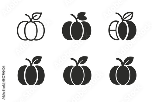 Autumn Harvest Logos. Autumn harvests and organic food production. Icon set. Set Logo of Autumn harvests and organic food production: pumpkin with leaf and