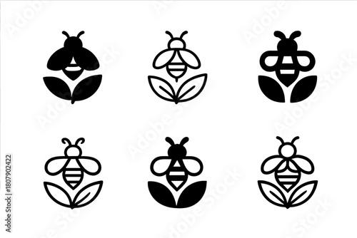 Bee Pollination Logos. The role of bees in pollination. Icon set. Set Logo of pollination: bee and pollen grains. harmonious logo variations of the same