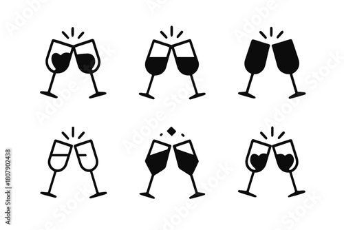 Romantic Logo Variations. Anniversaries and milestone moments in relationships. Icon set. Set Logo of romantic moment: champagne glasses clinking. harmonious