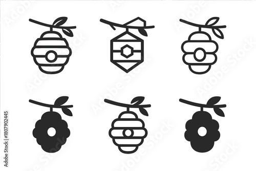 Bee Logo Variations. Bees and pollination. Icon set. Set Logo of Bees and pollination: beehive hanging from branch. harmonious logo variations of the same