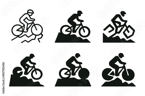 Mountain Biking Logos. Mountain biking down a rocky trail. Icon set. Set Logo of mountain biking: cyclist on mountain slope. harmonious logo variations of the