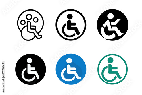 Inclusive Event Icons. Disability-friendly events and gatherings. Icon set. Set Logo of Disability-friendly events: Wheelchair. harmonious logo variations of