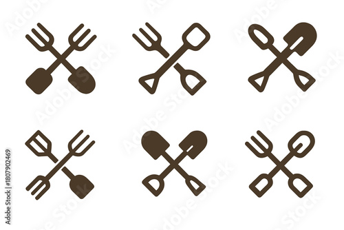 Farm Tool Emblems. Family farm life and traditional agricultural practices. Icon set. Set Logo of rural tools: pitchfork and shovel crossed. harmonious logo