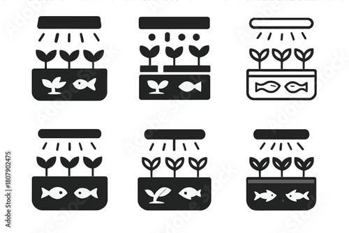Urban Aquaponics Icons. Growing food with aquaponics in a small urban apartment. Icon set. Set Logo of growing food with aquaponics in a small urban apartment: