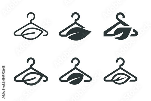 Sustainable Fashion Logos. Eco-conscious fashion shows and events. Icon set. Set Logo of sustainable style: leaf-shaped hanger. harmonious logo variations of