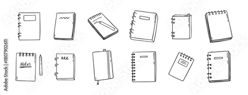 notebook doodle hand drawn icon set. Outline drawing notebooks line clipart symbol. Isolated doodle exercise book