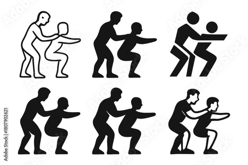 Fitness Logo Variations. A personal trainer demonstrating a workout move for a client. Icon set. Set Logo of fitness training: trainer guiding client posture.