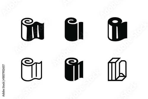 Curtain Fabric Icons. Curtain fabric. Icon set. Set Logo of curtain fabric: fabric roll with folds. harmonious logo variations of the same emblematic concept,