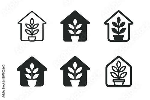 Peaceful Home Logos. Creating a Peaceful Home Environment. Icon set. Set Logo of Peaceful Home: House Plants. harmonious logo variations of the same emblematic