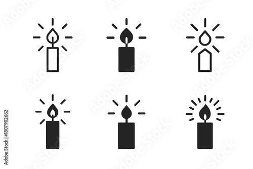 Candle Magic Emblems. Candle magic. Icon set. Set Logo of ritual flame: single candle with aura glow. harmonious logo variations of the same emblematic