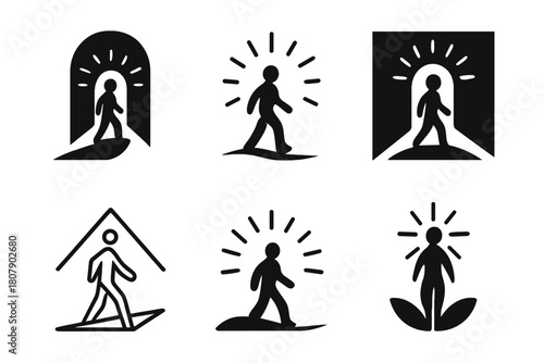 Spiritual Growth Icons. Spiritual growth and well-being. Icon set. Set Logo of Spiritual growth and well-being: Person in prayer. harmonious logo variations of