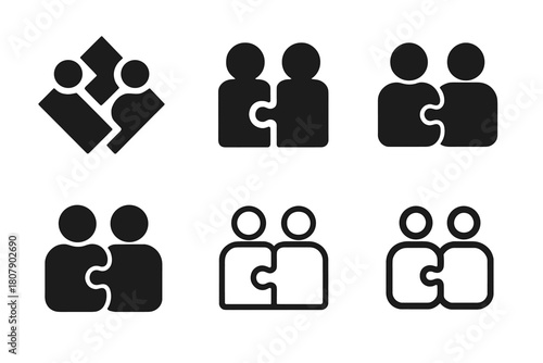 Collaborative Logo Variations. Teamwork in motion. Icon set. Set Logo of collaboration tools: connected puzzle pieces. harmonious logo variations of the same
