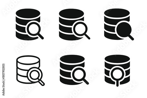 Data Insights Logos. Data-driven decisions. Icon set. Set Logo of database insights: stacked disks with magnifying glass. harmonious logo variations of the