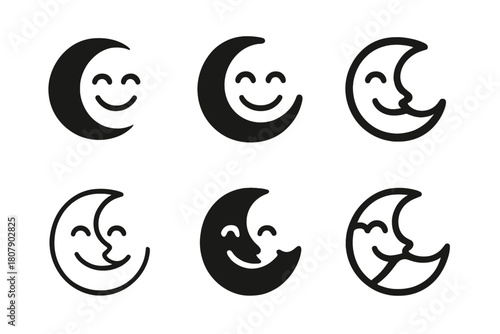 Smiling Moon Icons. Smiling. Icon set. Set Logo of Smiling: Smiling Moon. harmonious logo variations of the same emblematic concept, each with different