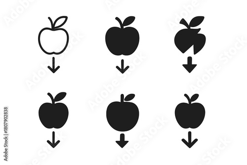Gravity Icon Variations. The concept of gravity. Icon set. Set Logo of gravity: falling apple. harmonious logo variations of the same emblematic concept, each