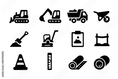 Construction Equipment Icons. Construction Earth Mounds. Solid icon set of Construction Earth Mounds: bulldozer, excavator, dump truck, wheelbarrow, shovel,